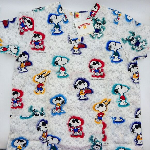 Peanuts Snoopy Joe Cool Cotton Scrub Top Medical Nursing Women Sz XL Multicolor - Picture 1 of 10